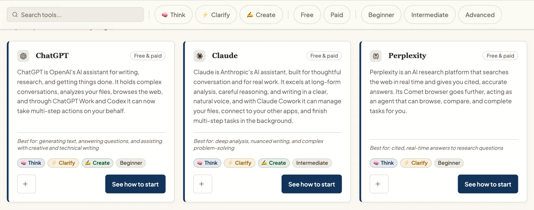 The AI Roles Map tool directory: cards for ChatGPT, Claude and Perplexity, each with a plain-English description, what it is best for, and Think, Clarify or Create tags, under a row of filters.